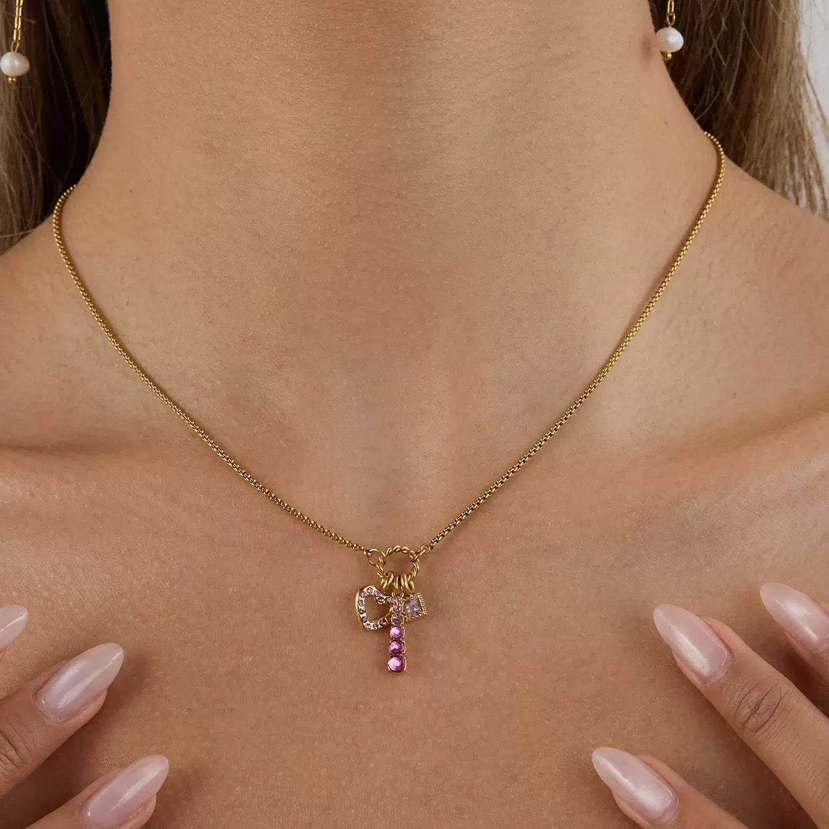 Pink Gemstone Triple Charm simple Necklace