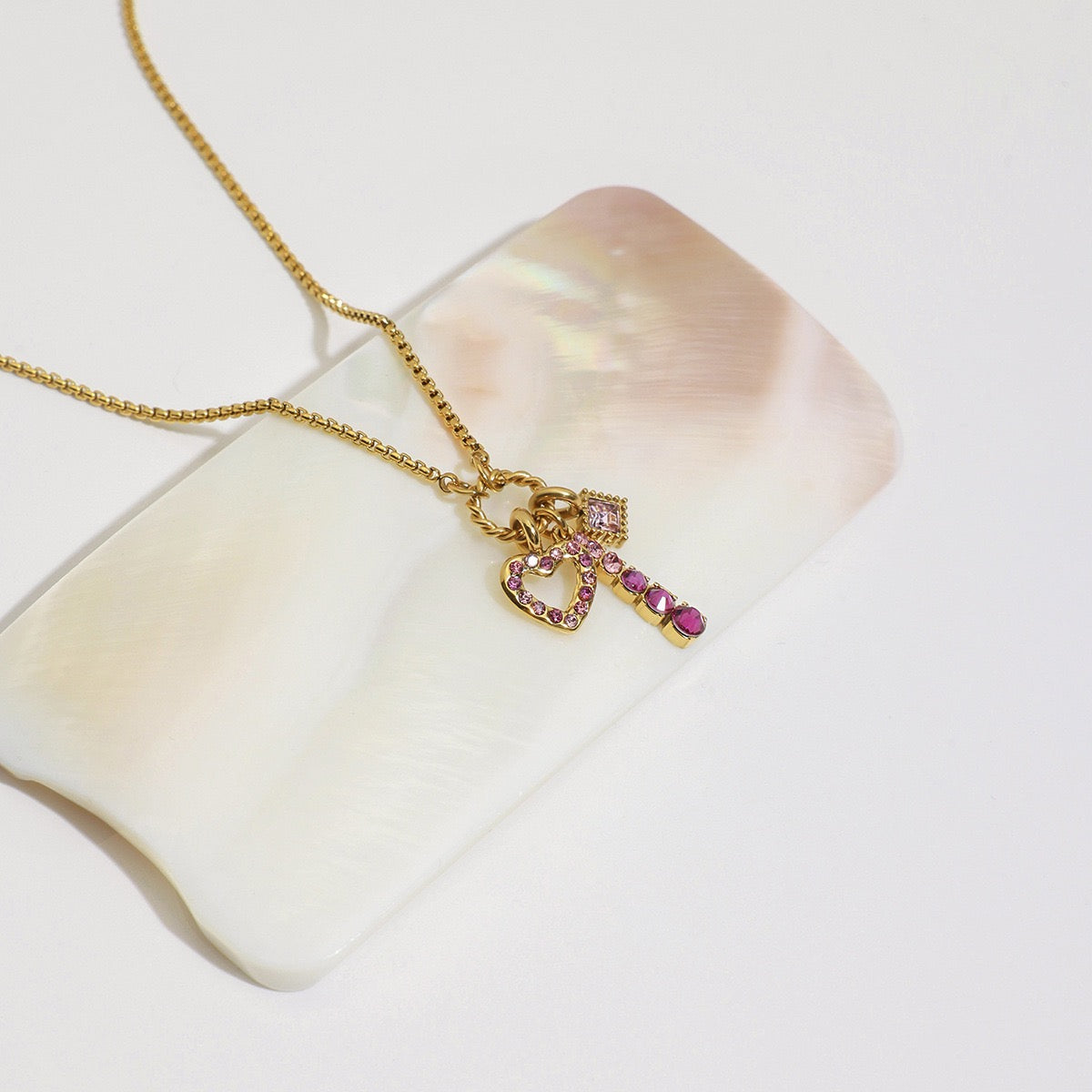 Pink Gemstone Triple Charm simple Necklace