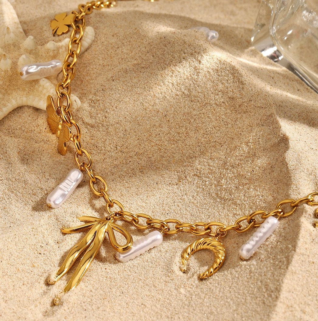 Bow pendant Butterfly Baroque Pearls multiple charms Necklace