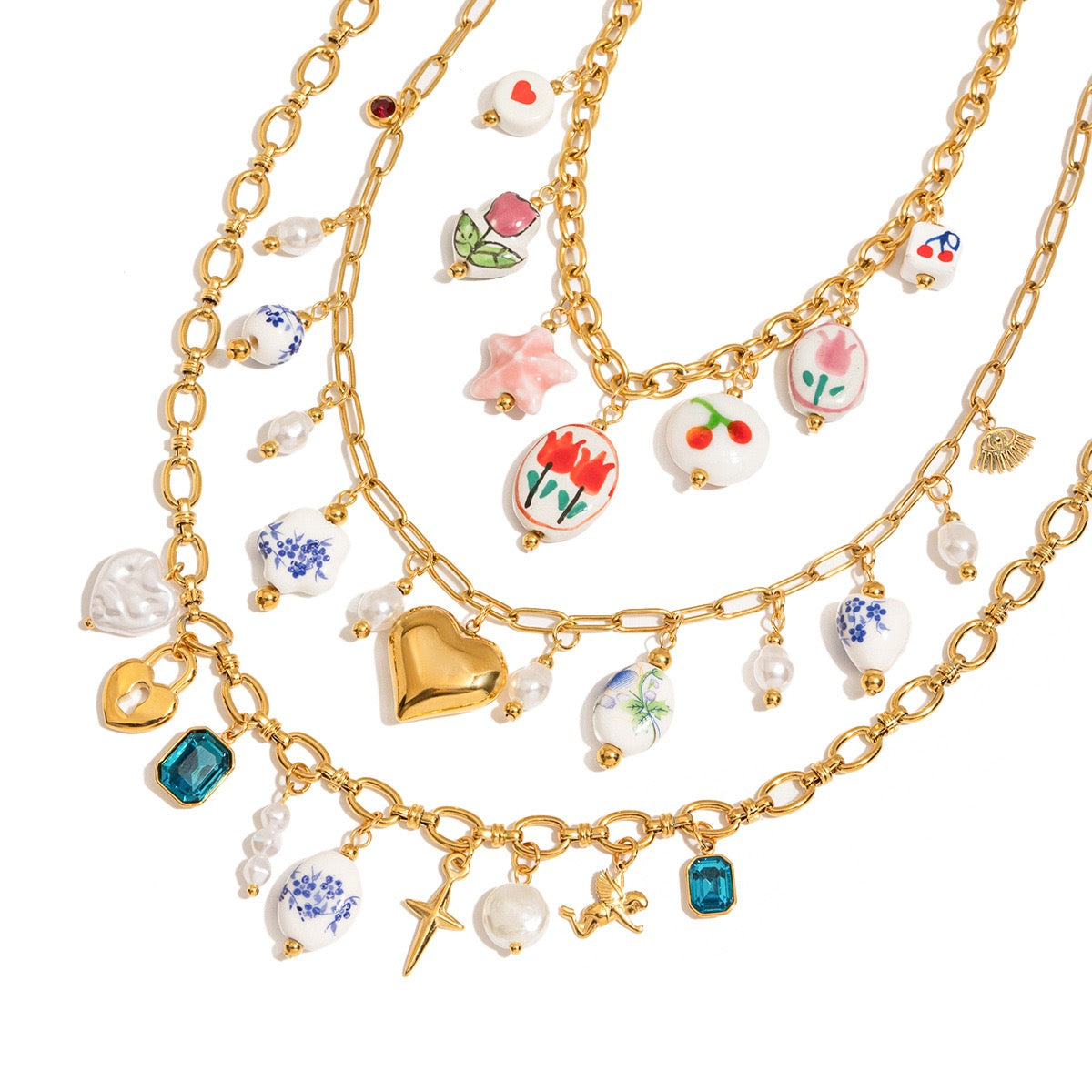 Big Heart and Ceramics Multi Charm Necklace