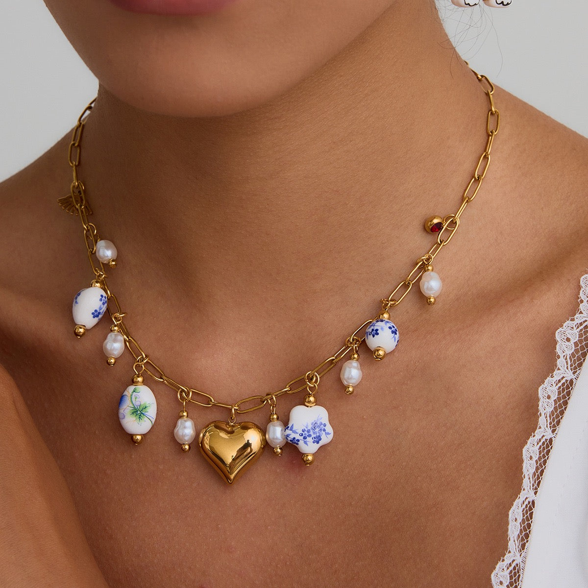 Big Heart and Ceramics Multi Charm Necklace