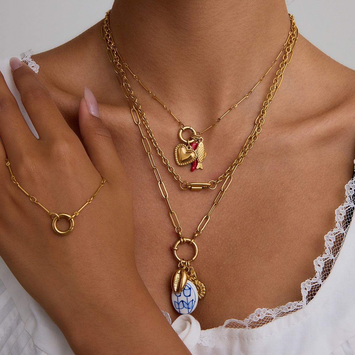 Ceramic and conch Triple Charm Necklace