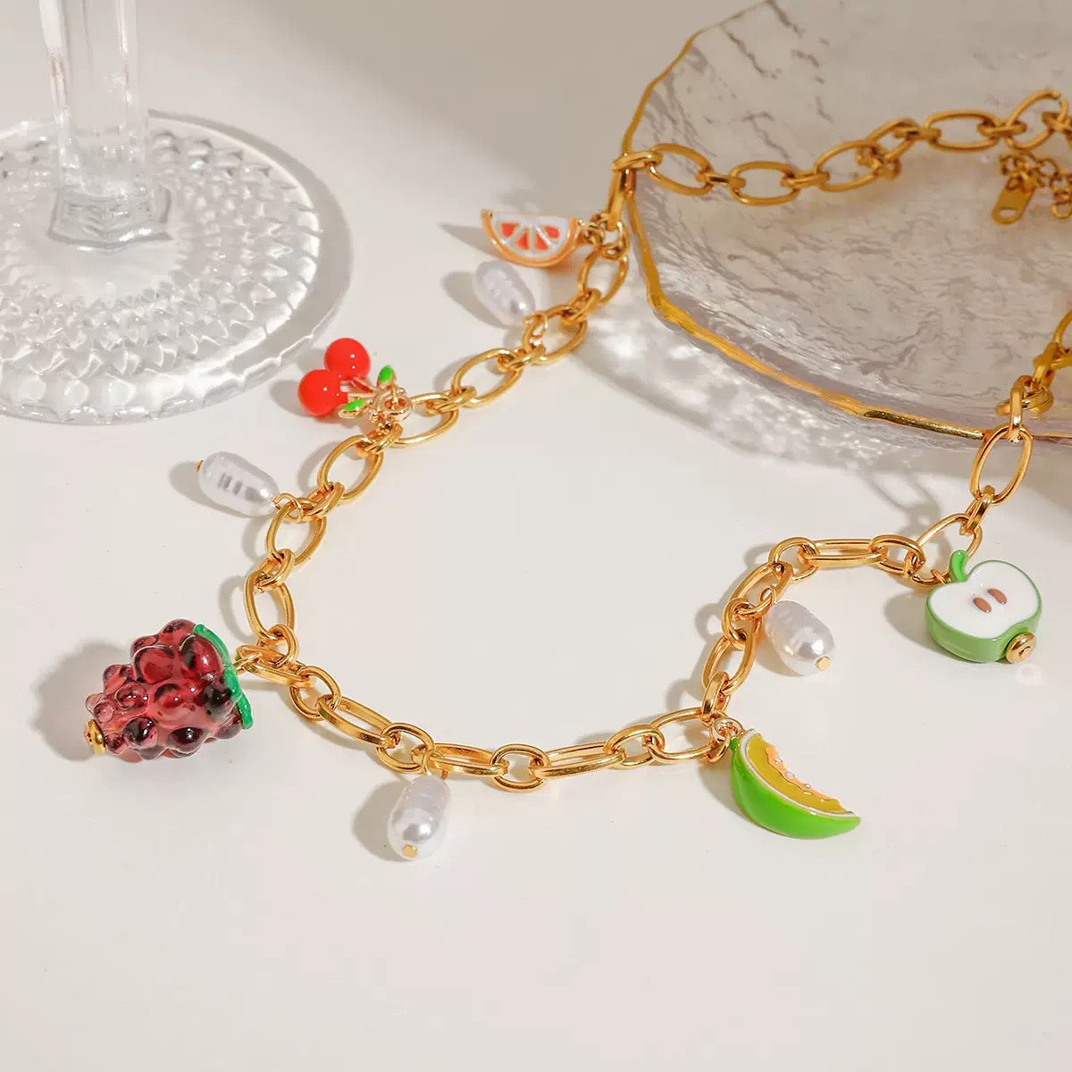 Multi Fruits Grape and Cherry Charms Necklace