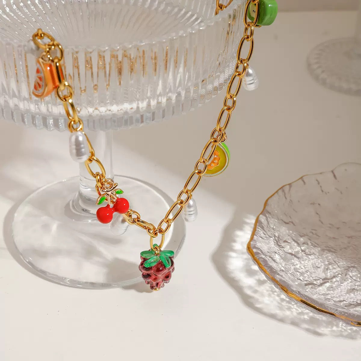 Multi Fruits Grape and Cherry Charms Necklace