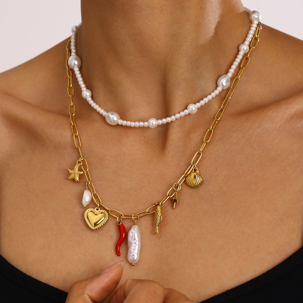 Pearl Choker And Heart Fish Baroque Pearl Chili seashell starfish Paperclip Chain Necklace