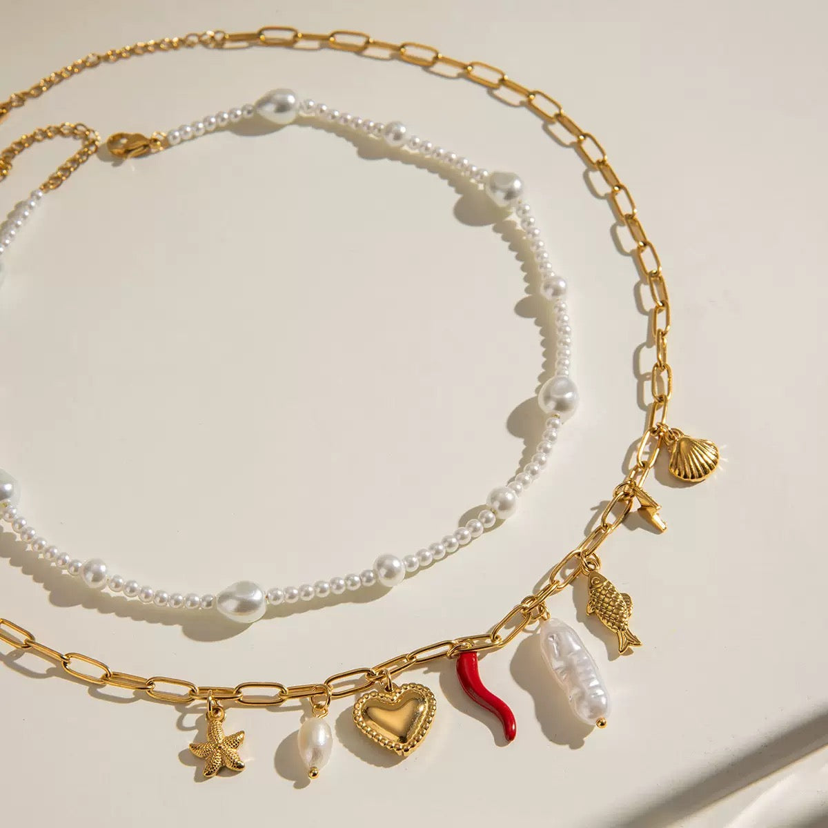 Pearl Choker And Heart Fish Baroque Pearl Chili seashell starfish Paperclip Chain Necklace