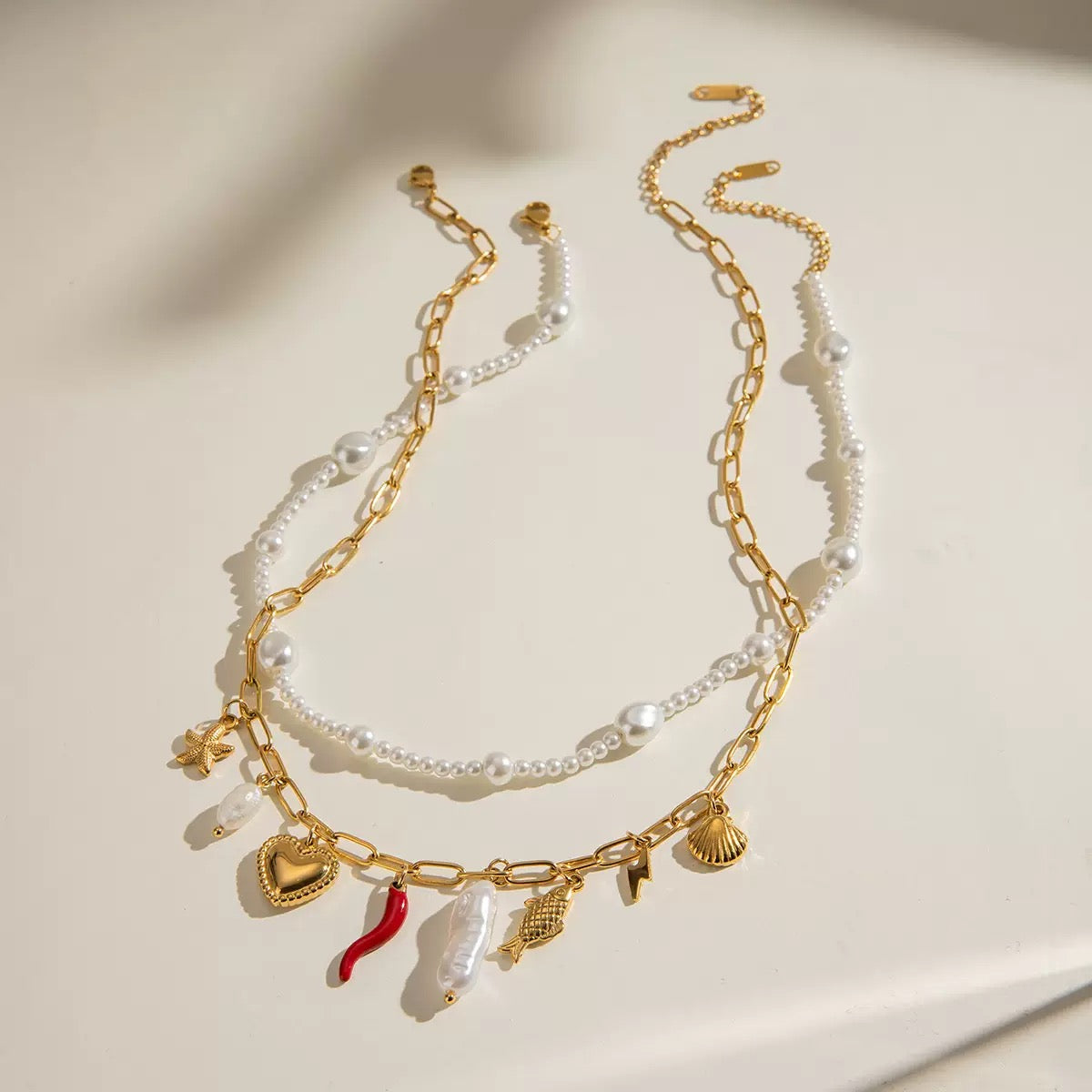 Pearl Choker And Heart Fish Baroque Pearl Chili seashell starfish Paperclip Chain Necklace