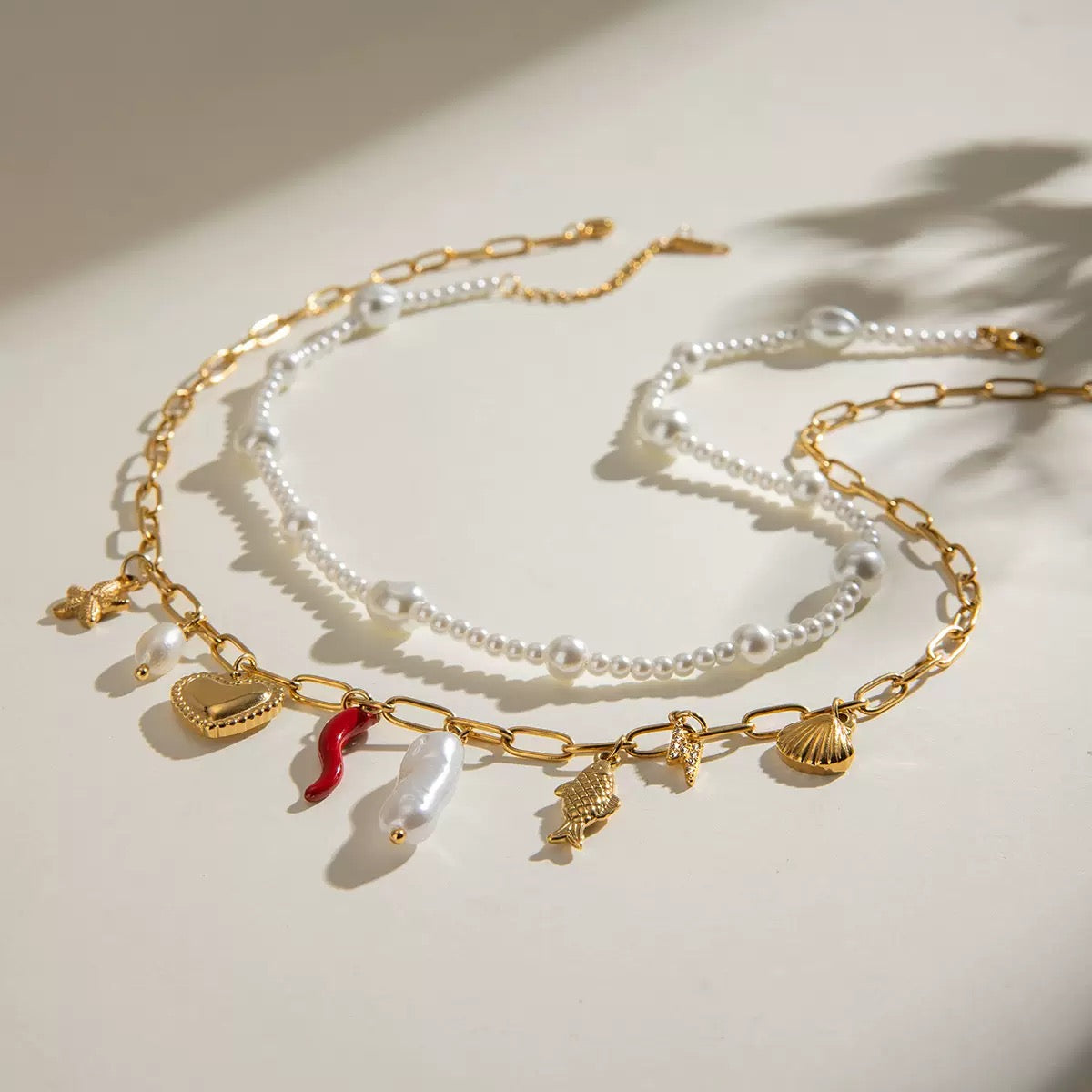 Pearl Choker And Heart Fish Baroque Pearl Chili seashell starfish Paperclip Chain Necklace