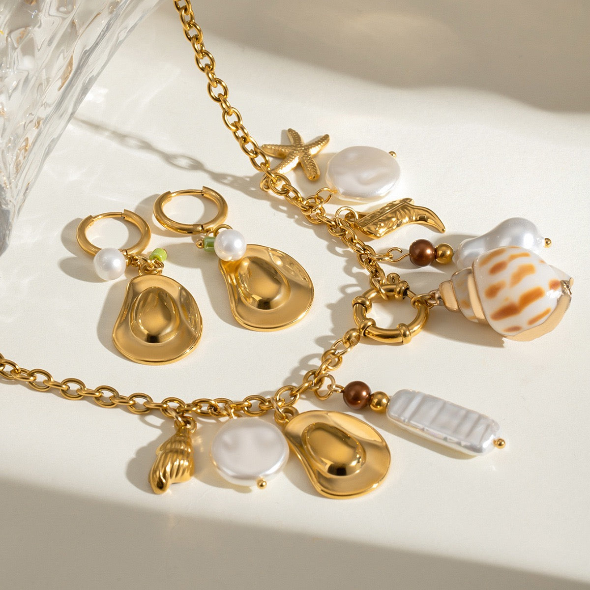 Western Cowgirl Hat and Boot Conch And Natural Pearl Multi Charm Necklace