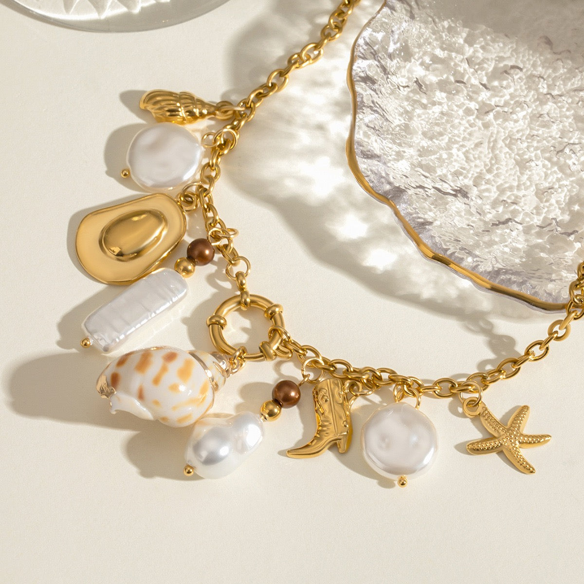 Western Cowgirl Hat and Boot Conch And Natural Pearl Multi Charm Necklace