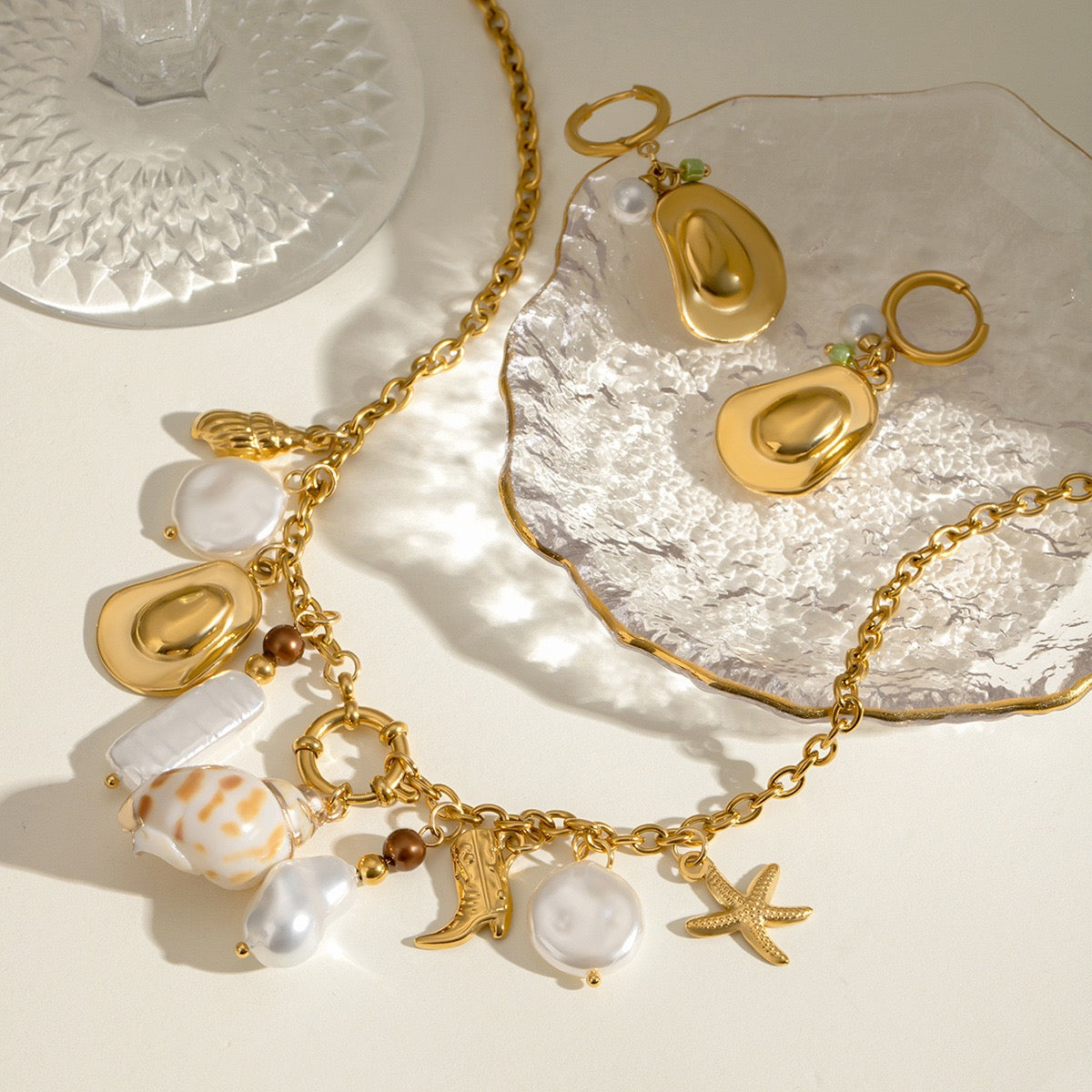 Western Cowgirl Hat and Boot Conch And Natural Pearl Multi Charm Necklace