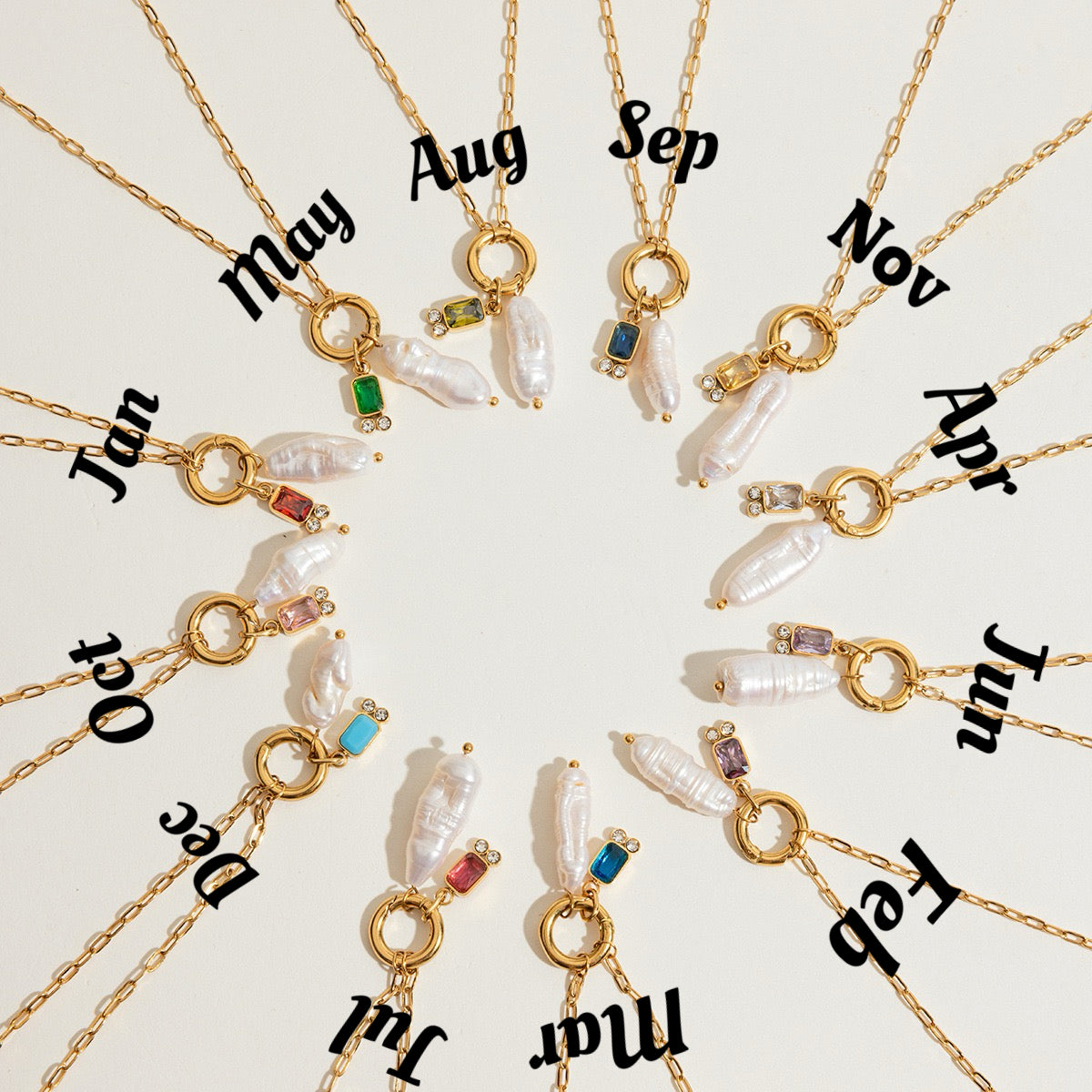 Birthstone+Pearl Double Charm Necklace