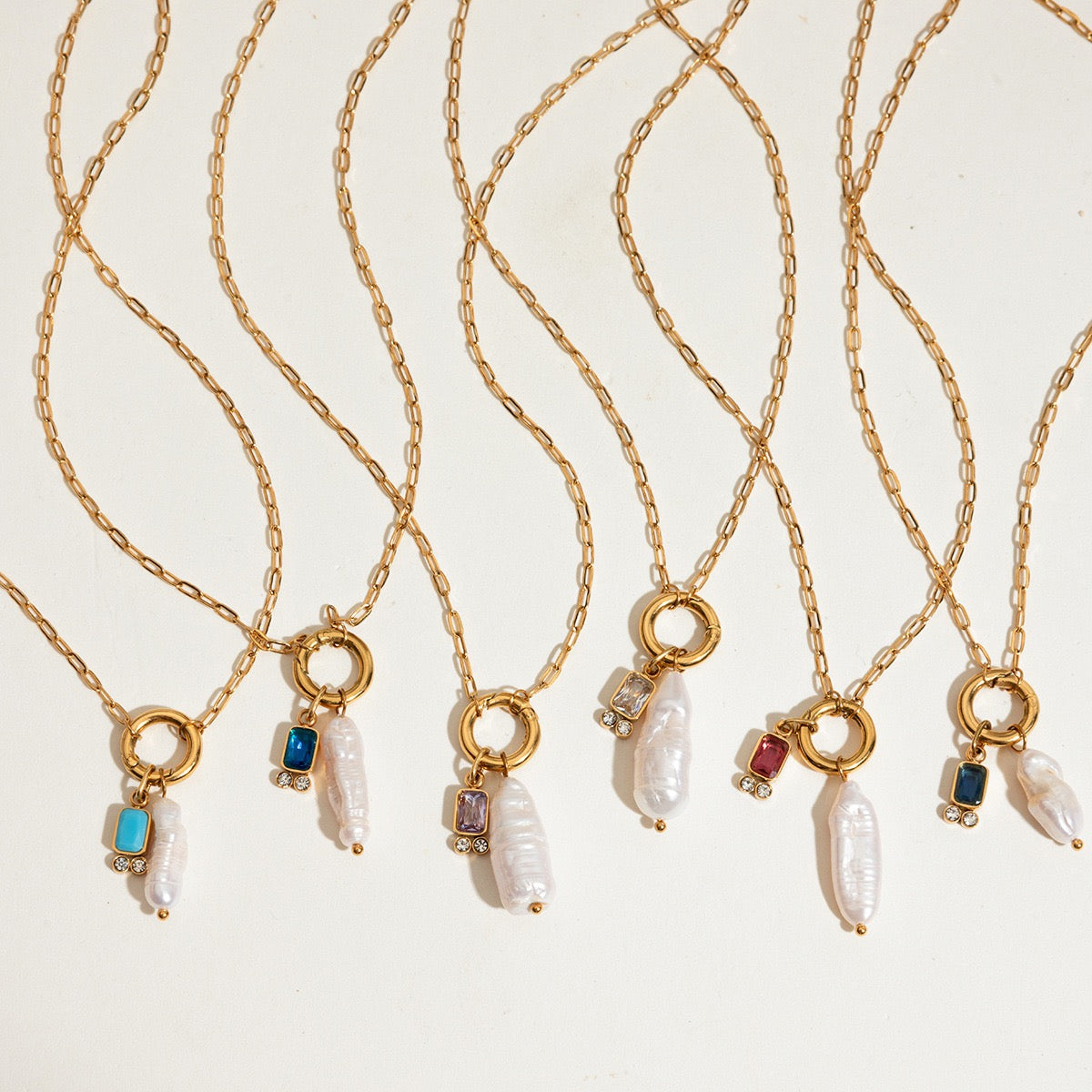 Birthstone+Pearl Double Charm Necklace