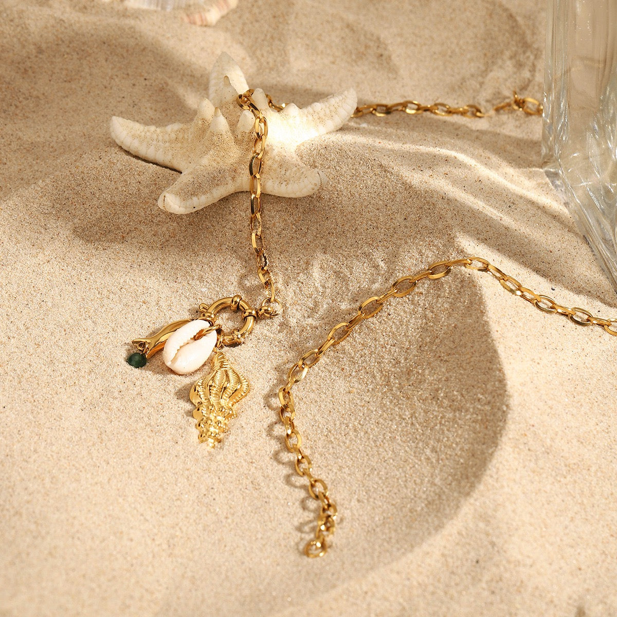 Conch Shell and Fish Triple Charm Necklace