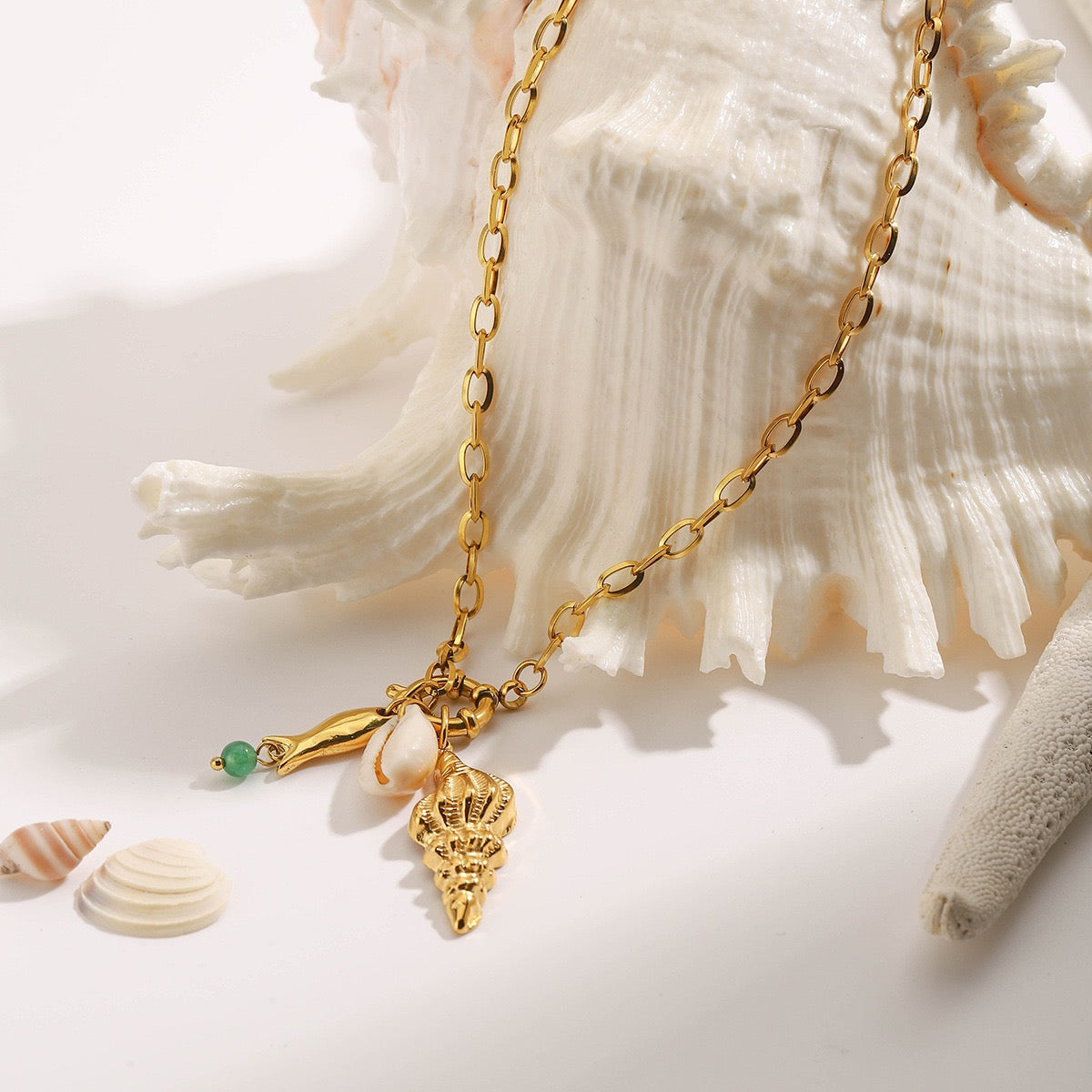 Conch Shell and Fish Triple Charm Necklace