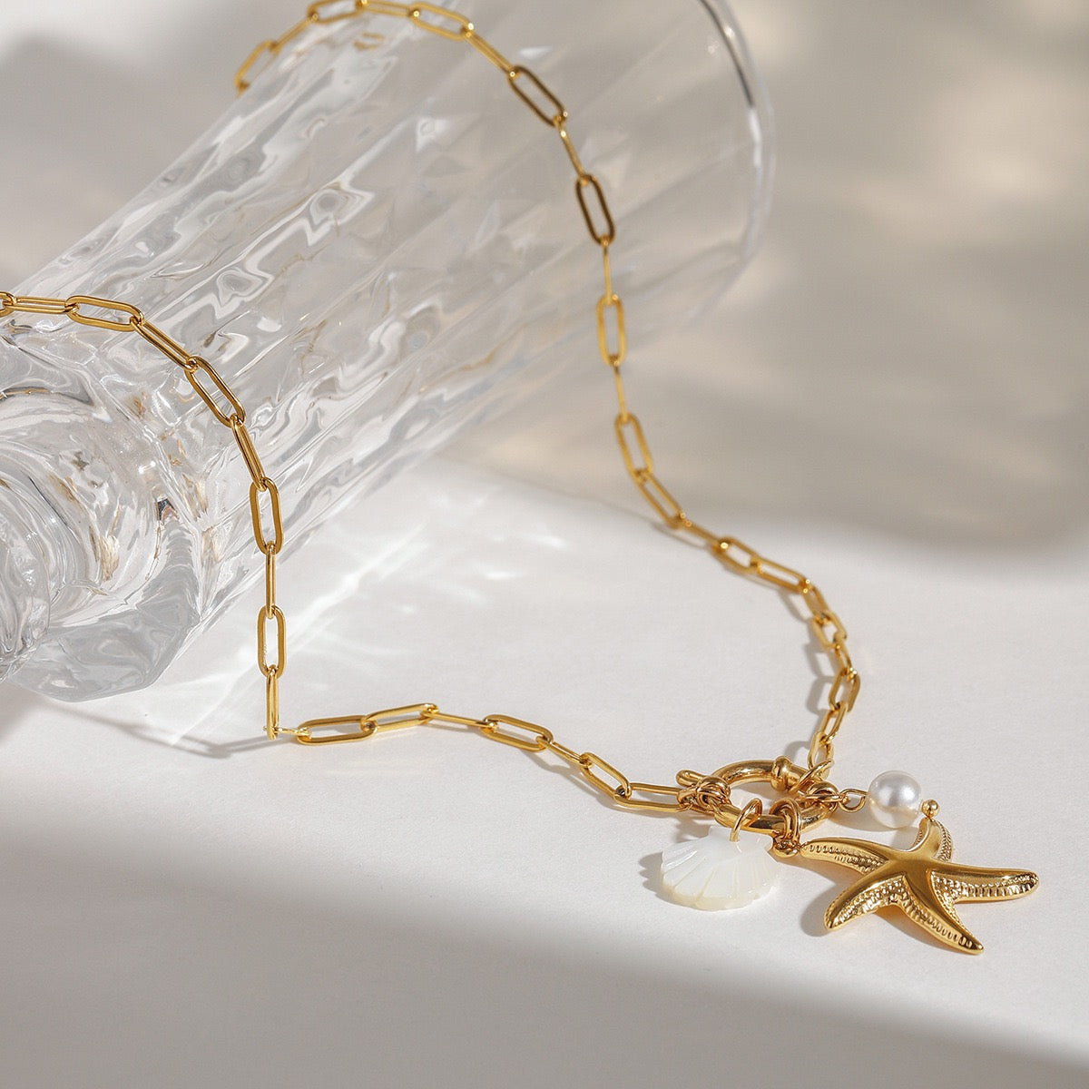 Starfish shell and pearl Triple Charm Necklace