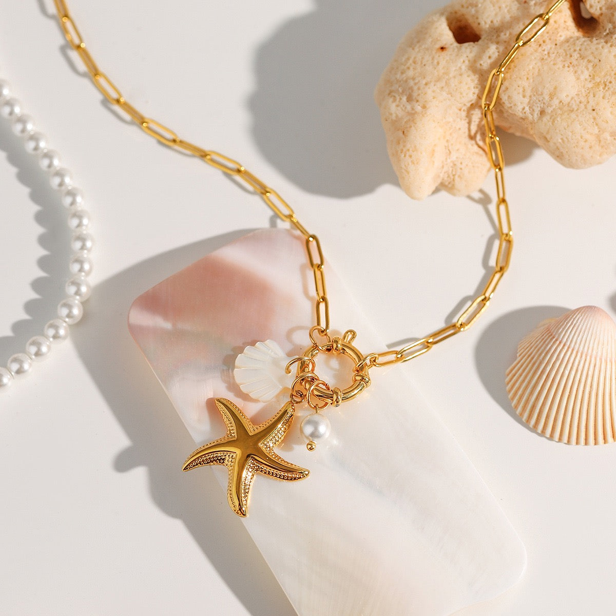 Starfish shell and pearl Triple Charm Necklace