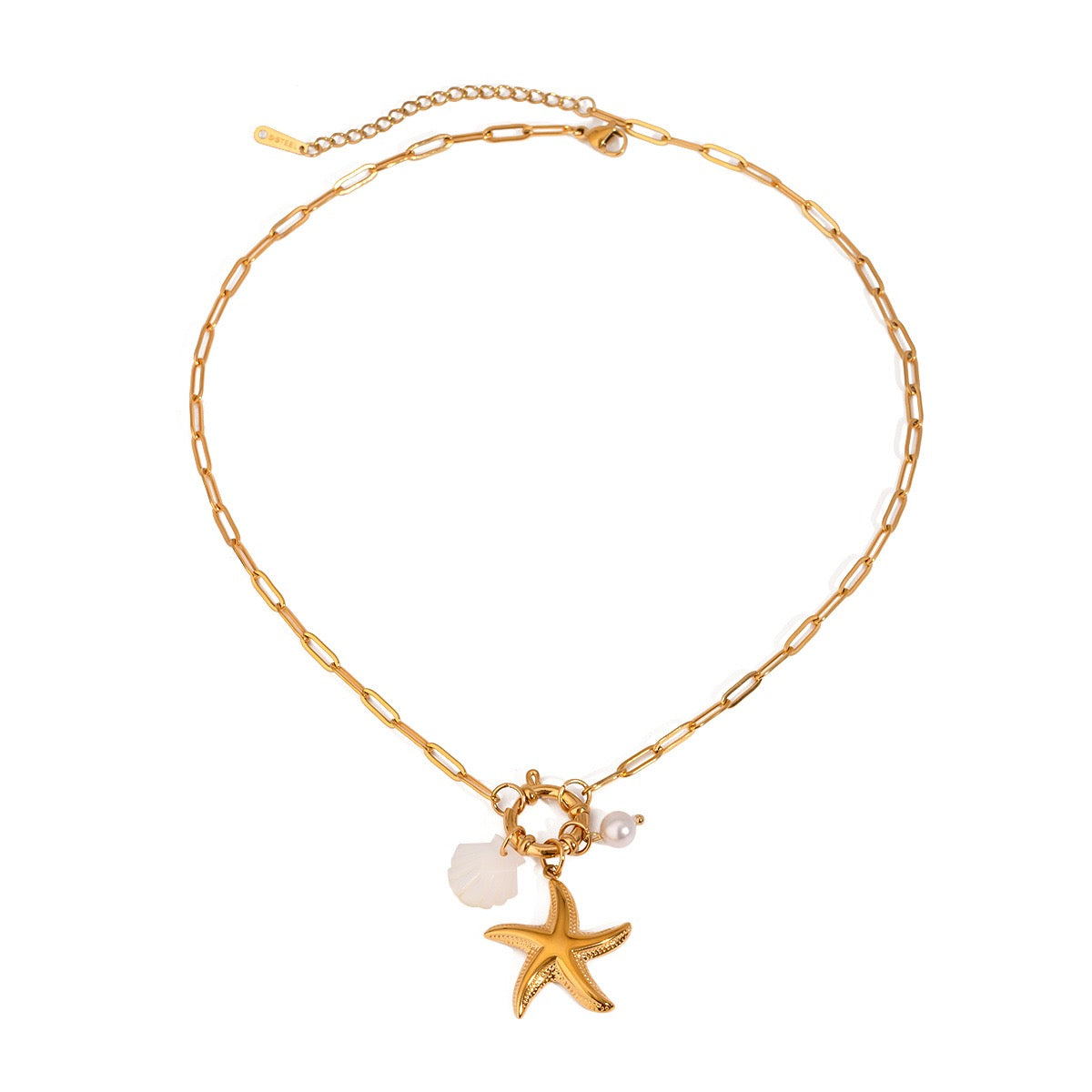 Starfish shell and pearl Triple Charm Necklace