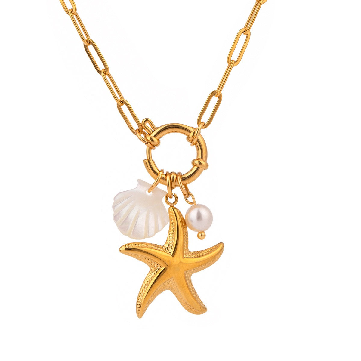 Starfish shell and pearl Triple Charm Necklace