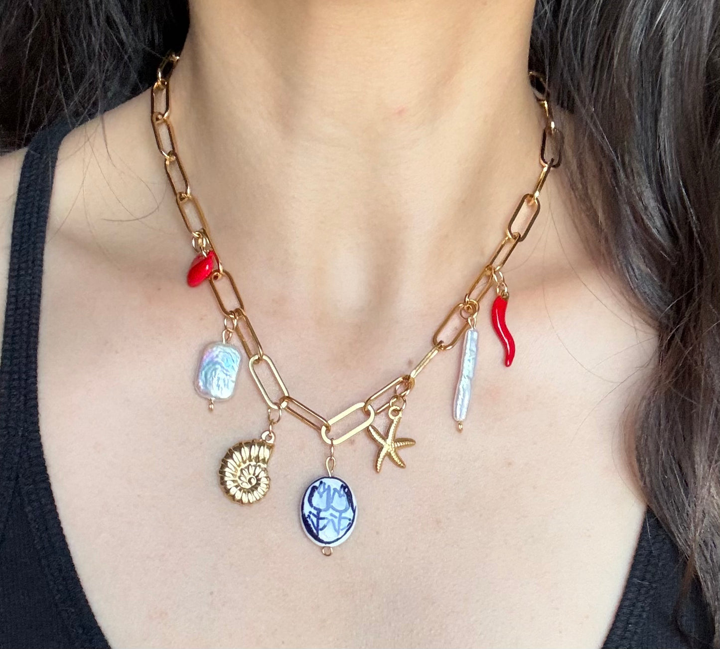 Florence Natural Pearl Multi Charm Necklace