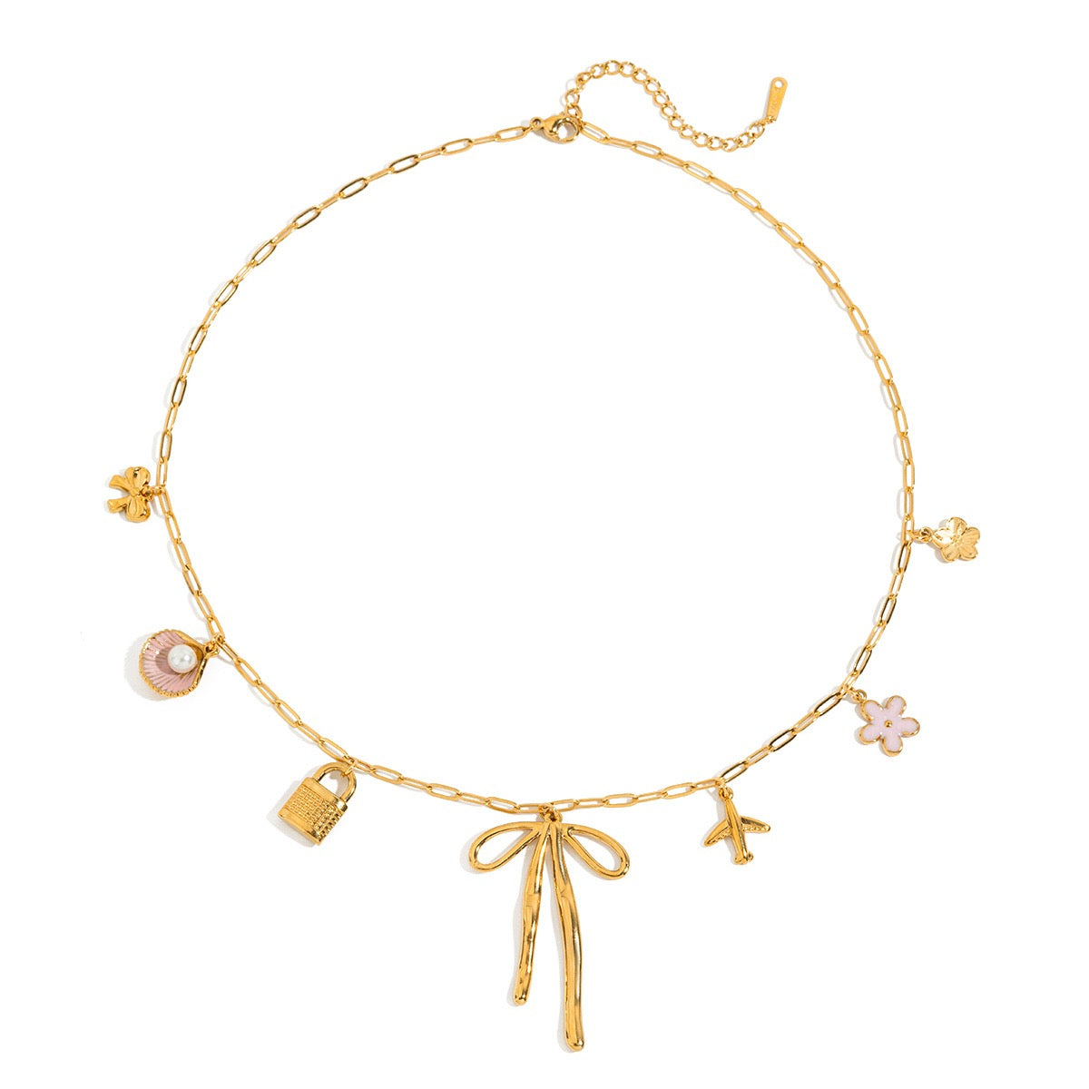 Bow and pick flower lock Multi Charm Necklace