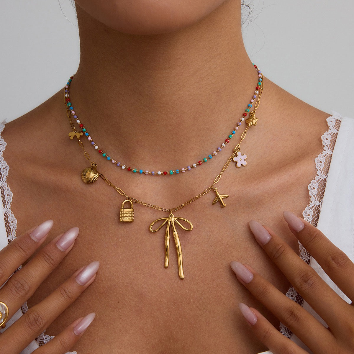 Bow and pick flower lock Multi Charm Necklace