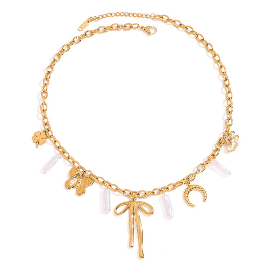 Bow pendant Butterfly Baroque Pearls multiple charms Necklace