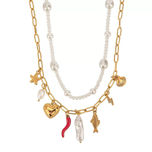 Pearl Choker And Heart Fish Baroque Pearl Chili seashell starfish Paperclip Chain Necklace