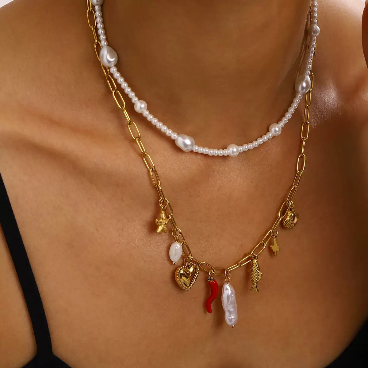 Pearl Choker And Heart Fish Baroque Pearl Chili seashell starfish Paperclip Chain Necklace