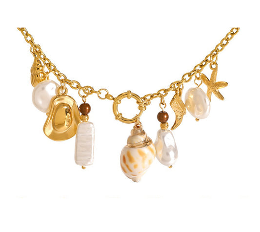 Western Cowgirl Hat and Boot Conch And Natural Pearl Multi Charm Necklace