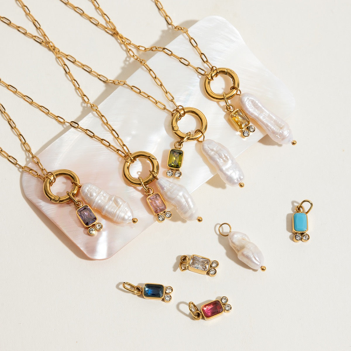 Birthstone+Pearl Double Charm Necklace