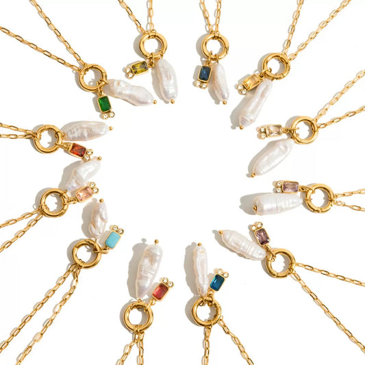 Birthstone+Pearl Double Charm Necklace