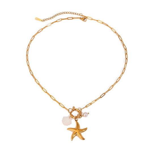 Starfish shell and pearl Triple Charm Necklace