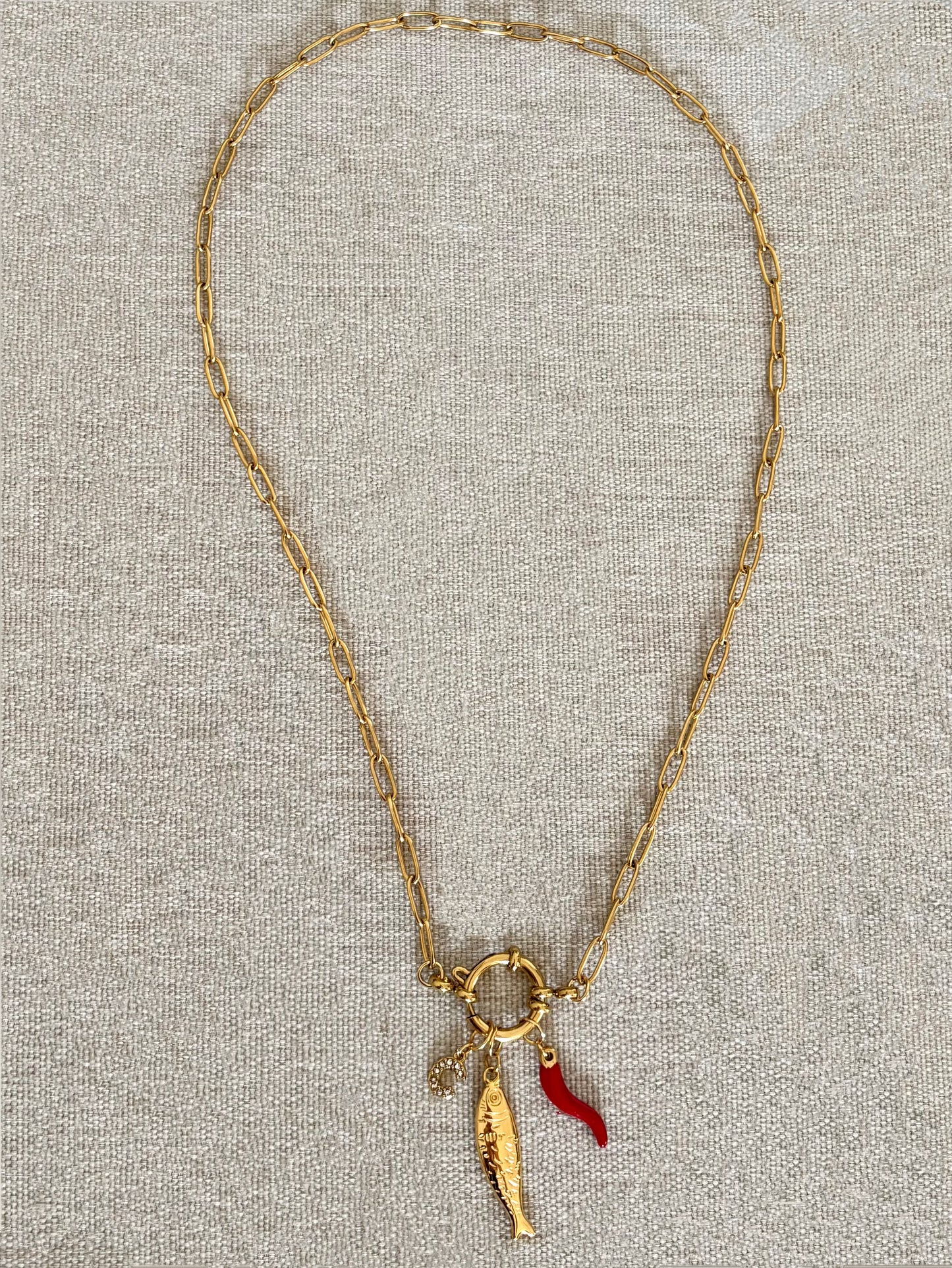 Chili Fish and Initial Triple Charm Necklace