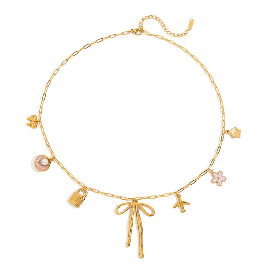 Bow and pick flower lock Multi Charm Necklace