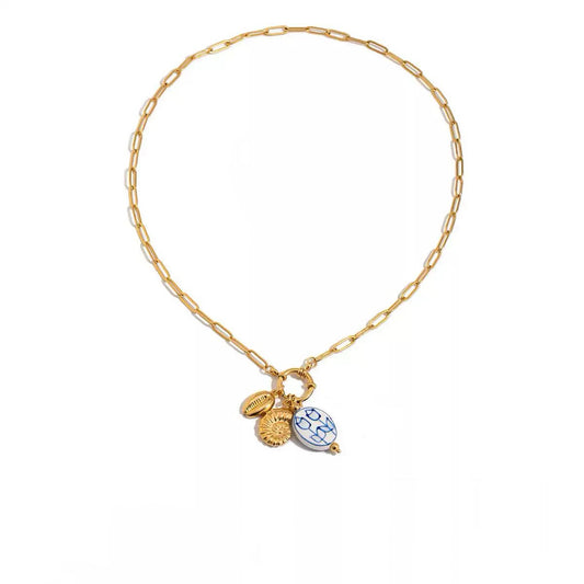 Ceramic and conch Triple Charm Necklace