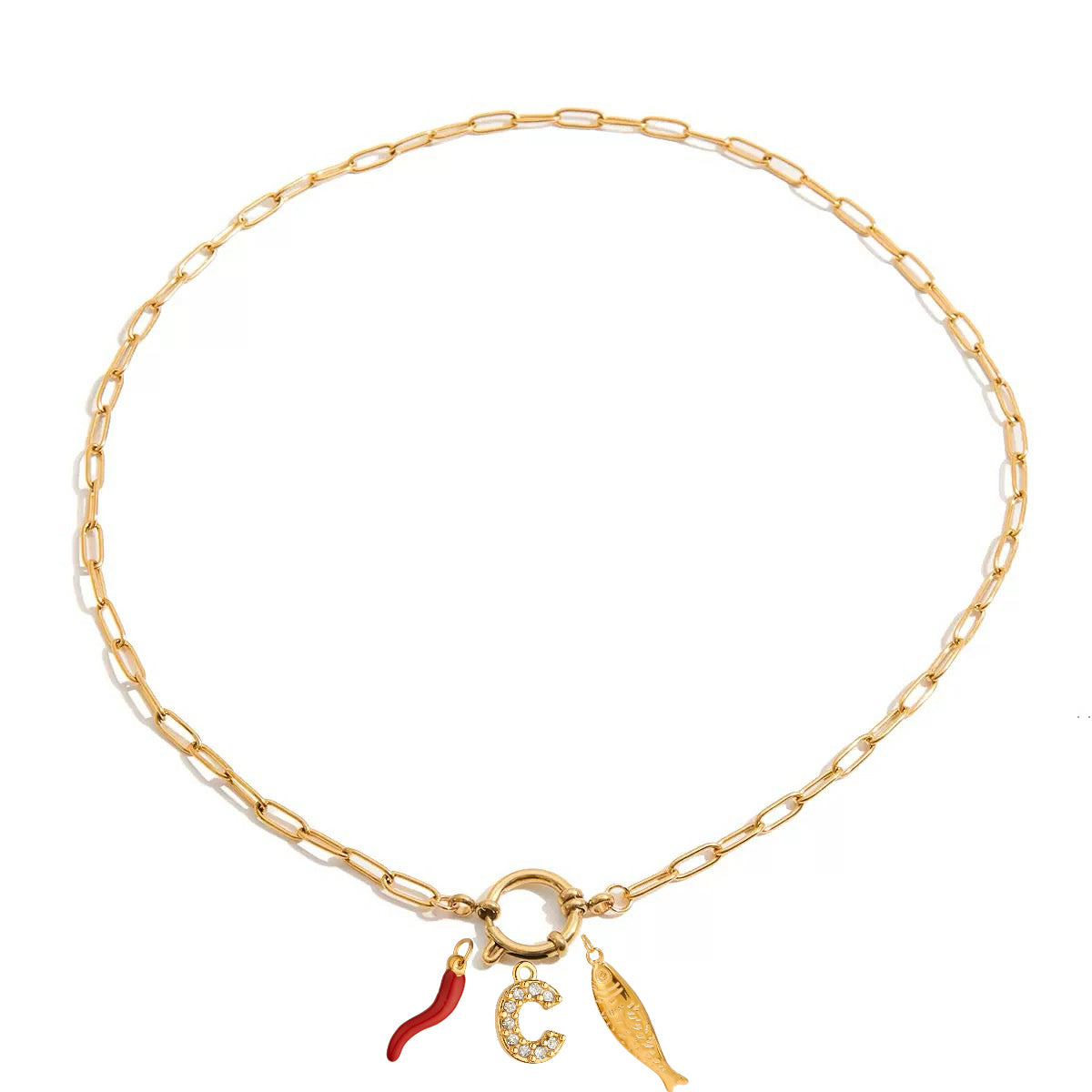 Chili Fish and Initial Triple Charm Necklace