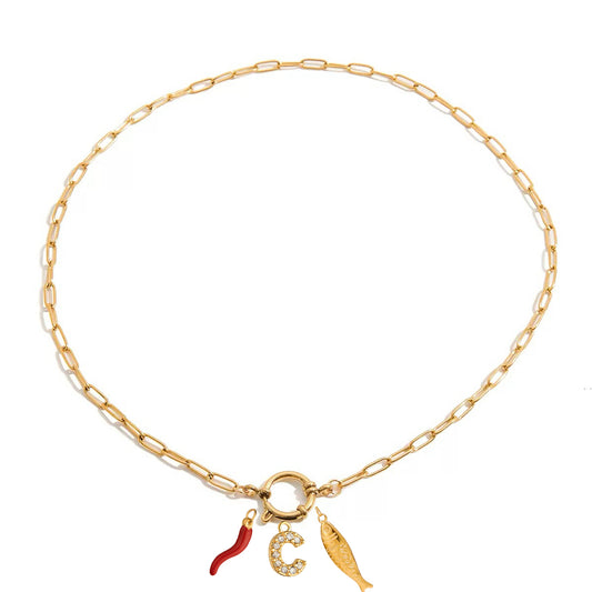Chili Fish and Initial Triple Charm Necklace